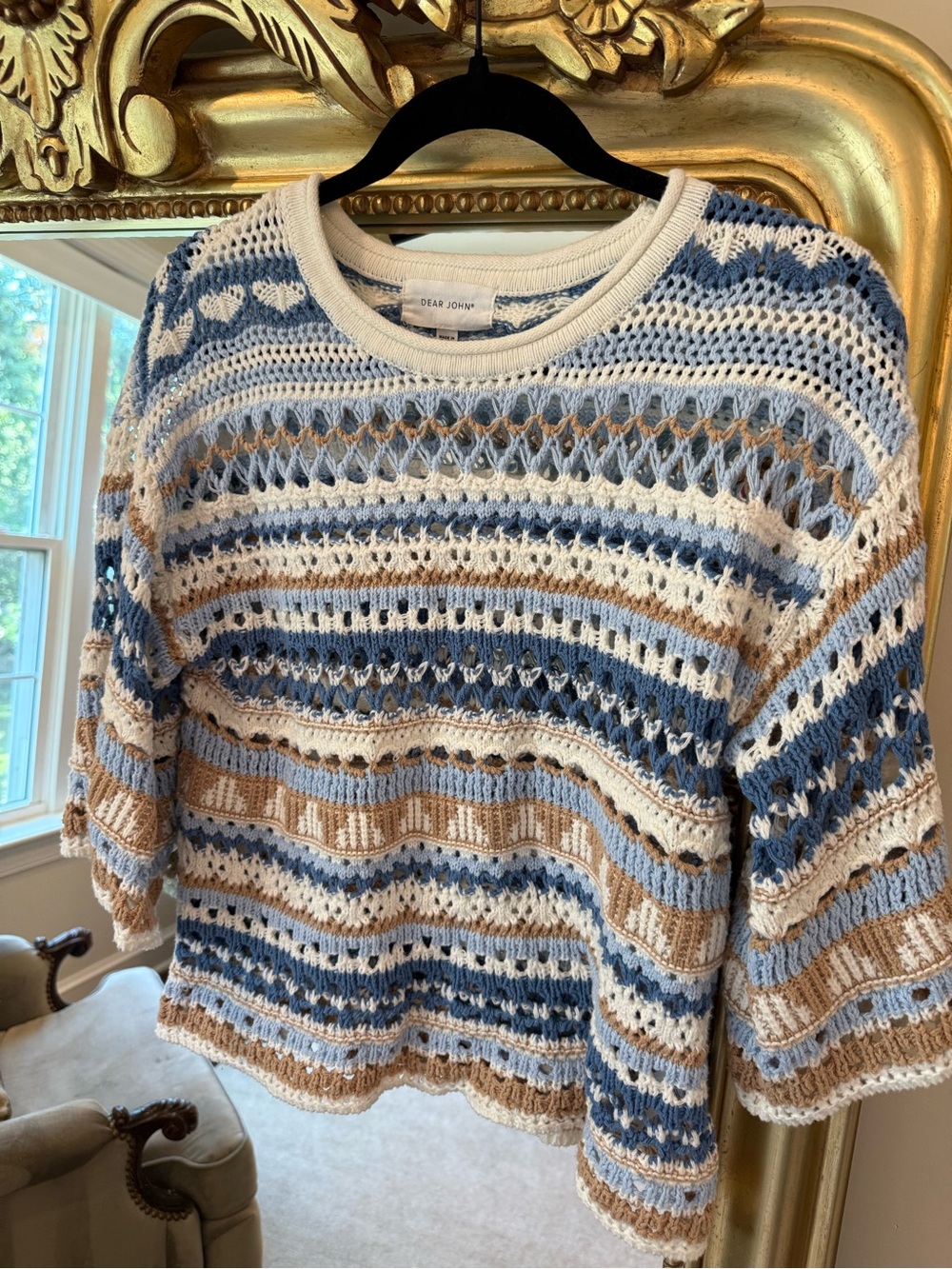 Dear John Open-Knit Stripe Sweater in Blue, Cream & Tan